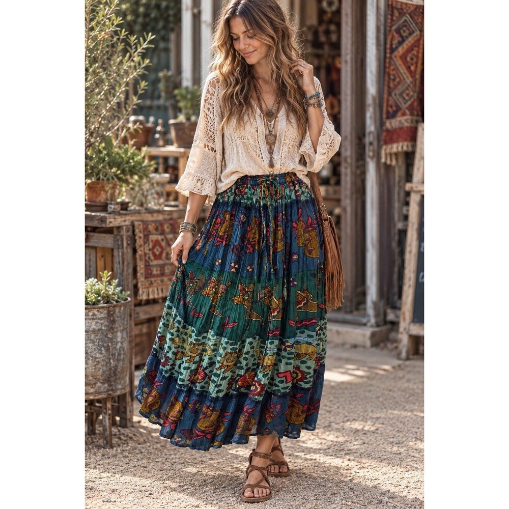 Vtg. Boho Broomstick Maxi Skirt Cotton One Size Blue African Themed By In Style